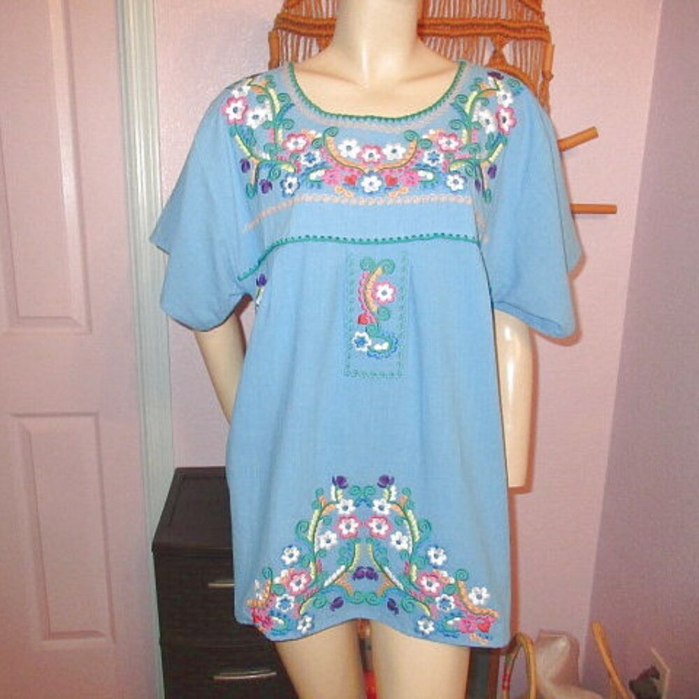 Mexican Style Embroidered Peasant Top Size 1X Cotton Floral Colorful Bohemian